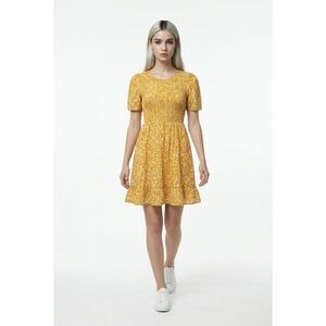 Annebouti Women Mustard Yellow Floral Smocked Mini Dress XL Feminine Cottagecore